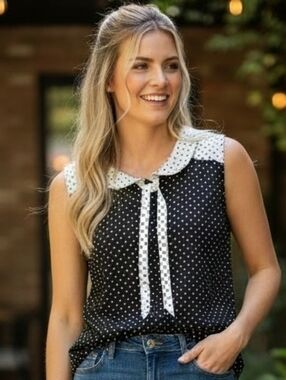 ModCloth Black Polka Dot Sleeveless Blouse with White Collar